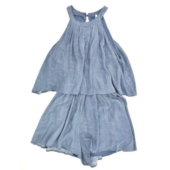 Sage Blue Ruffle Open Back Halter Romper Womens S - Picture 1 of 7